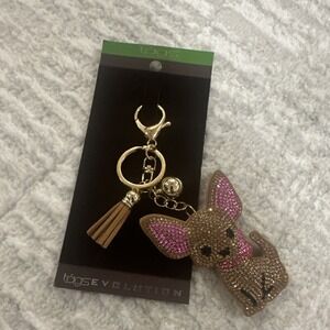 Goldtone Brown Pink Puppy Key Chain Handbag Accessory Charm Bling Glitz Girly